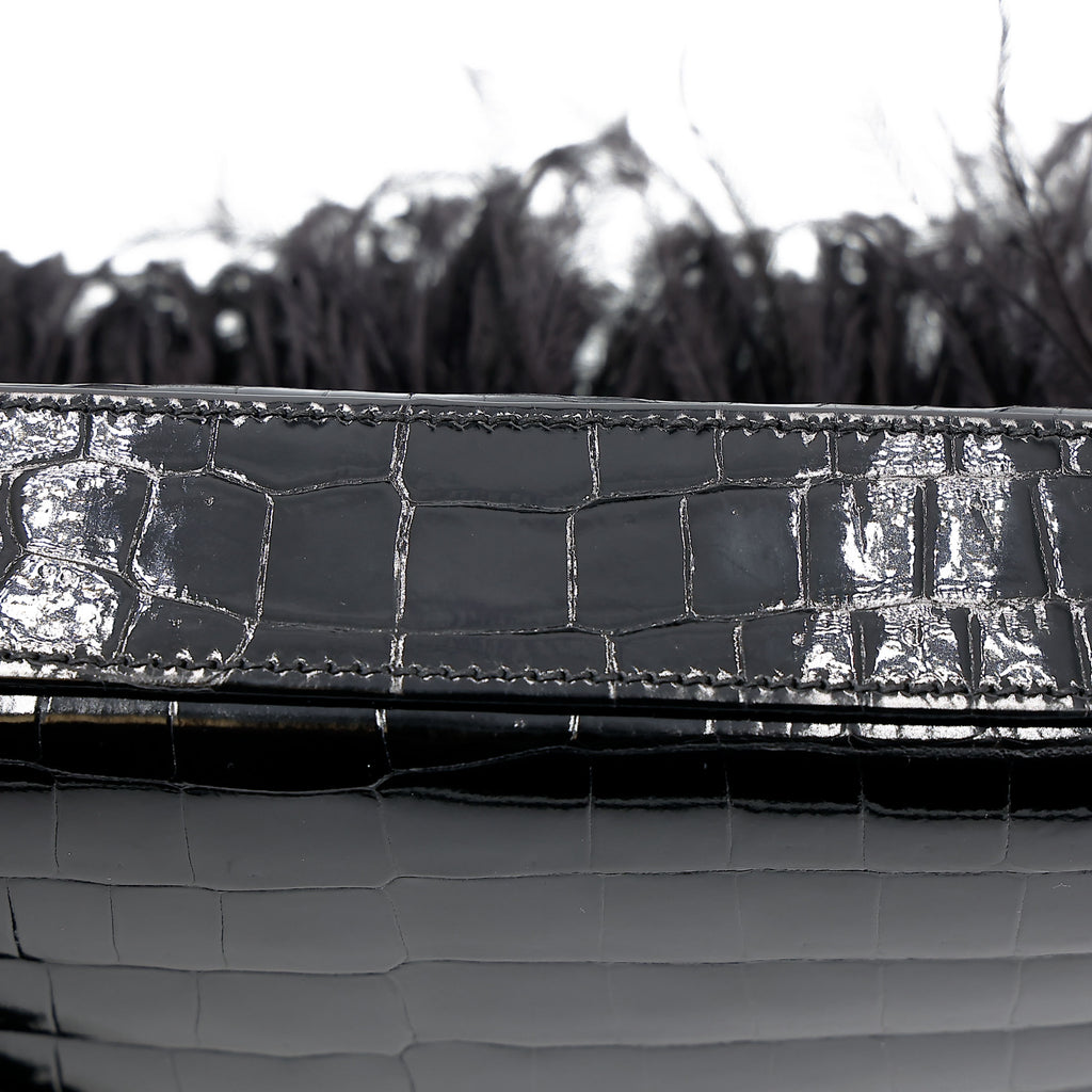 Hermès Kelly Elan Folie Noir Shiny Porosus Crocodile Ostrich Feather GHW