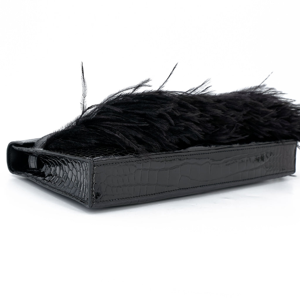Hermès Kelly Elan Folie Noir Shiny Porosus Crocodile Ostrich Feather GHW