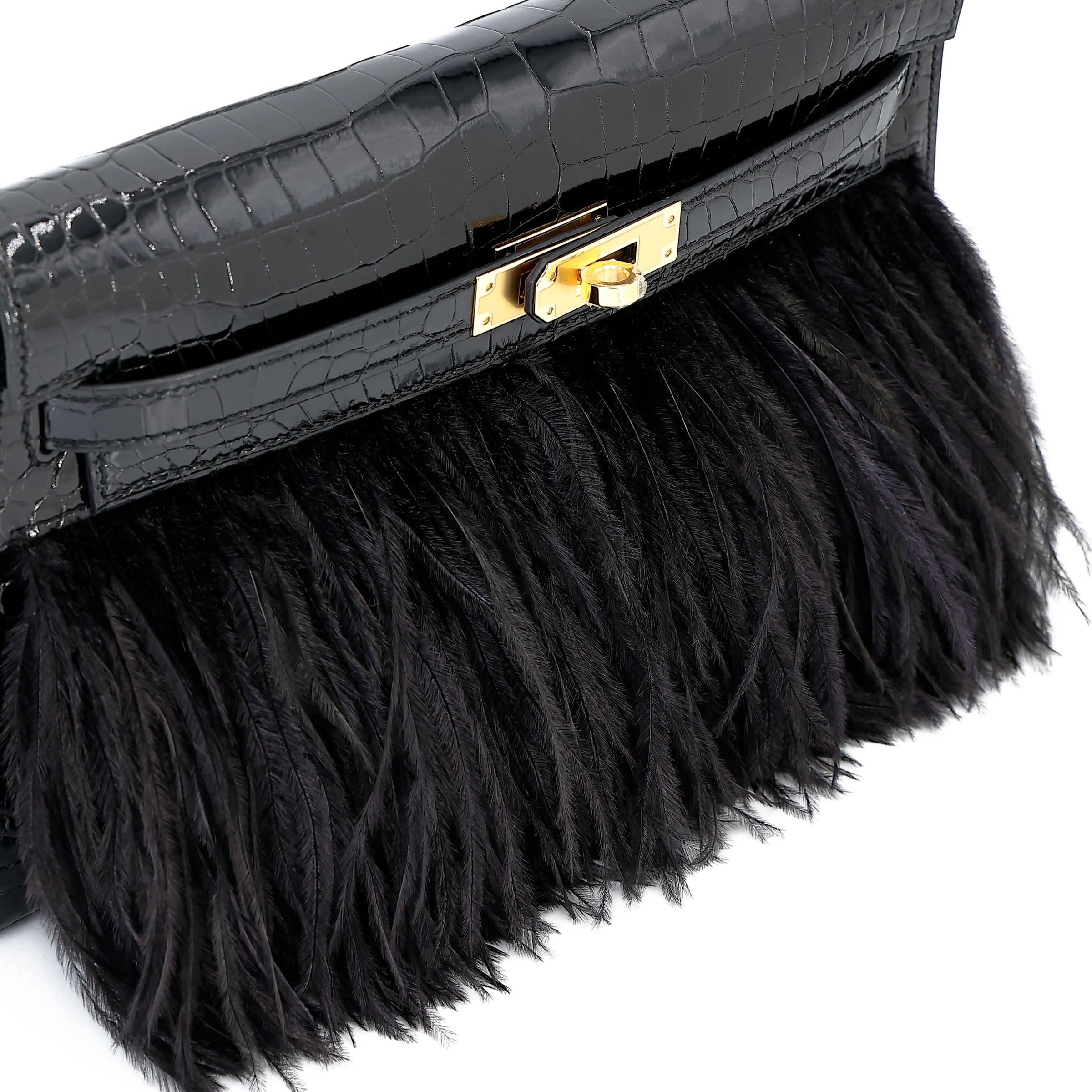 Hermès Kelly Elan Folie Noir Shiny Porosus Crocodile Ostrich Feather GHW