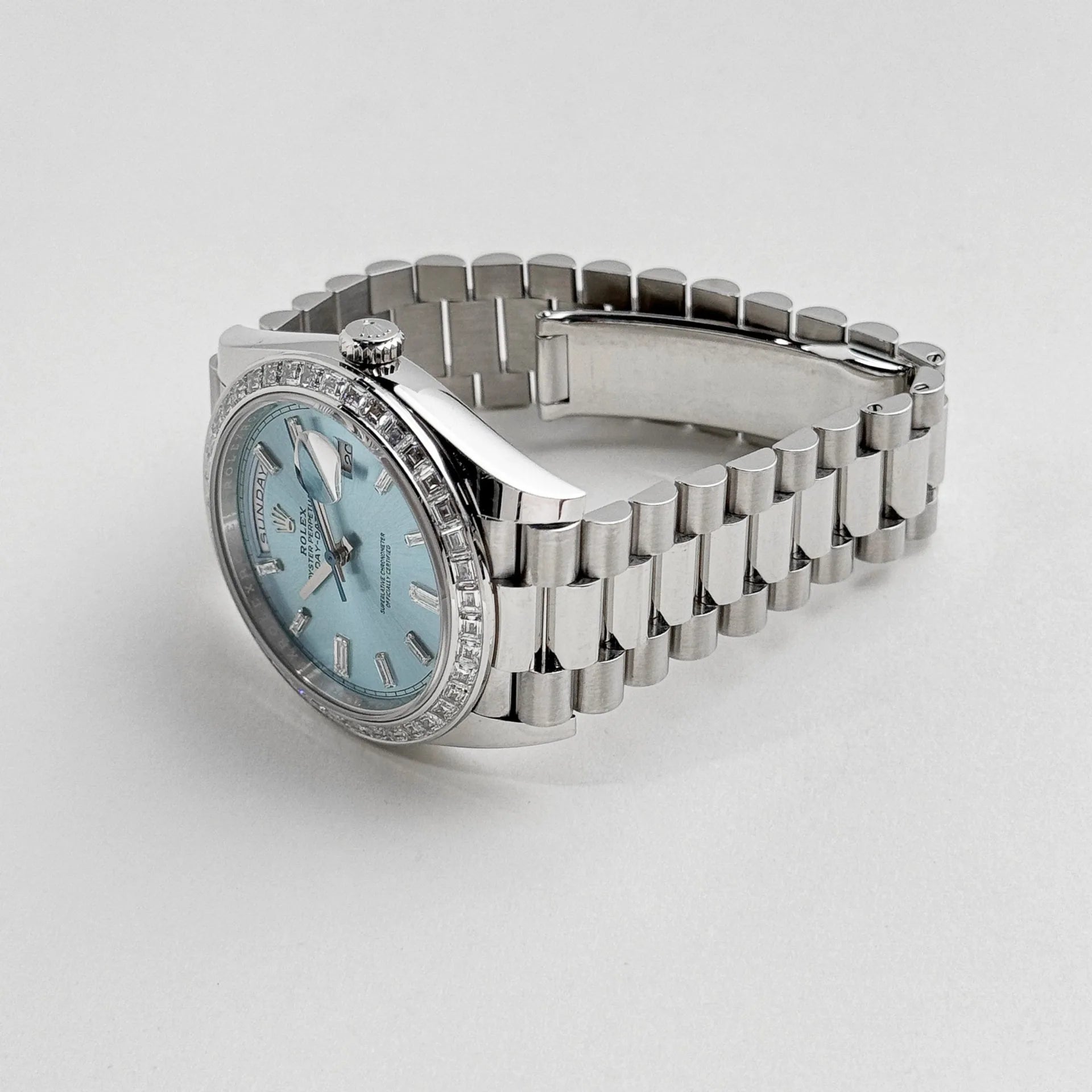Rolex Day-Date 40 228396TBR Platinum Ice Blue Dial Baguette Bezel