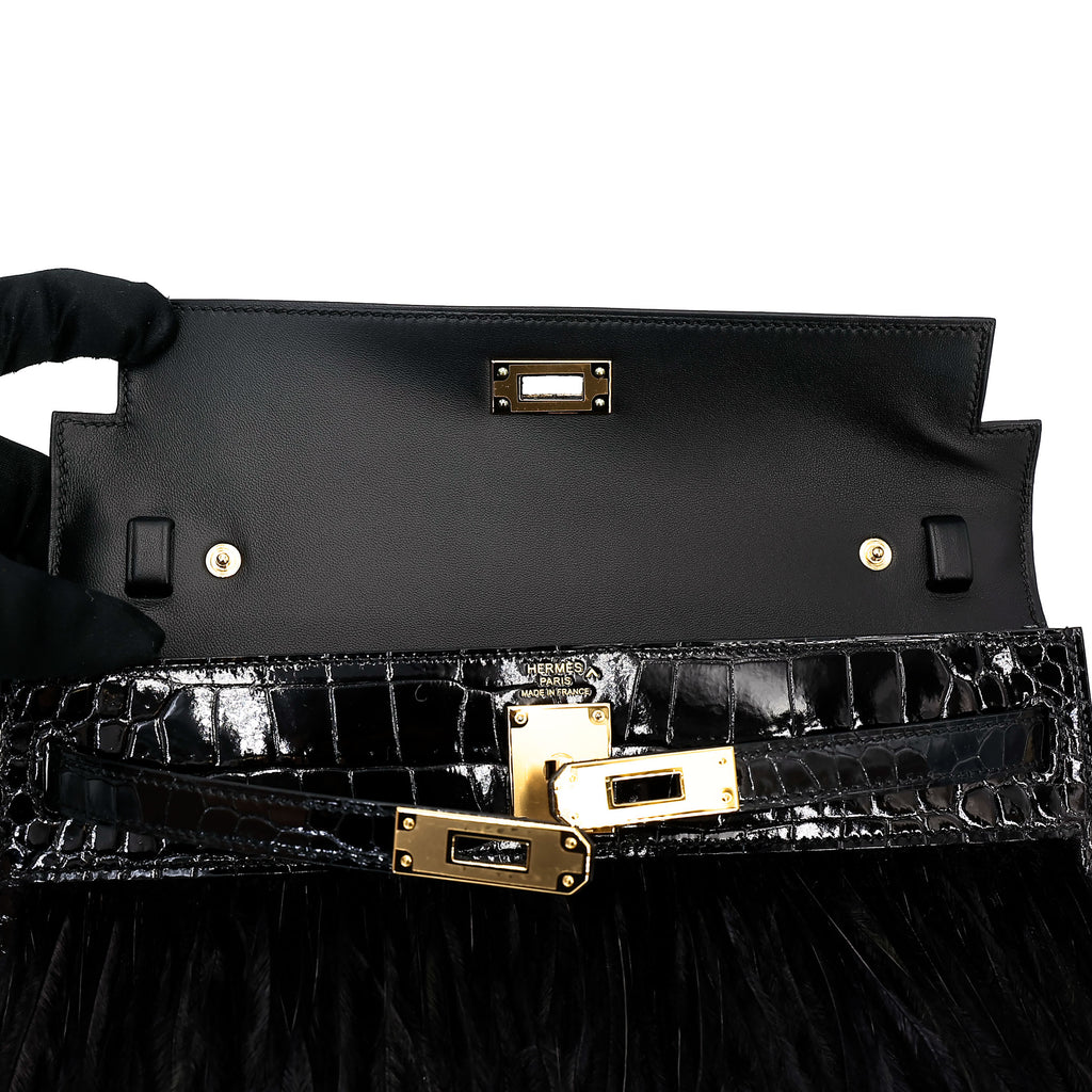 Hermès Kelly Elan Folie Noir Shiny Porosus Crocodile Ostrich Feather GHW