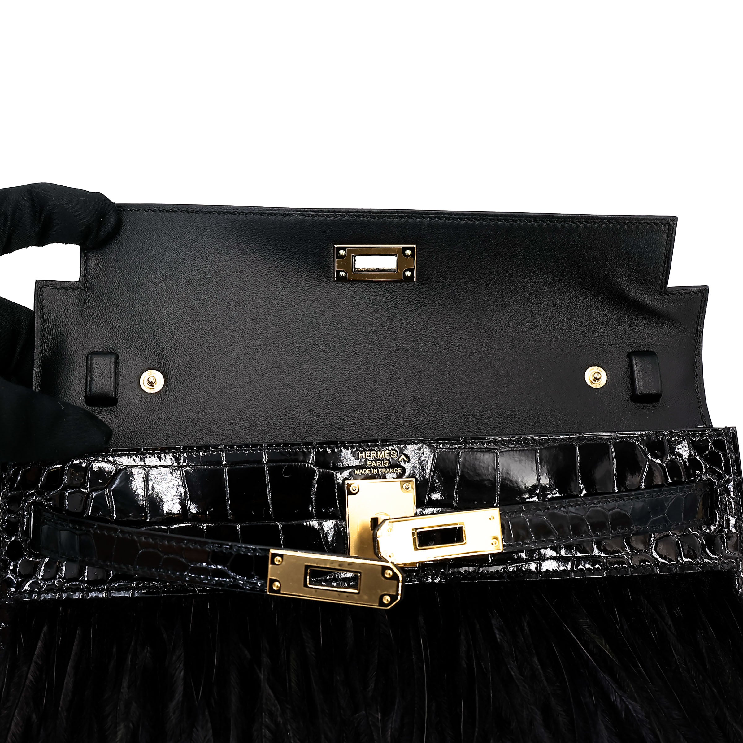 Hermès Kelly Elan Folie Noir Shiny Porosus Crocodile Ostrich Feather GHW