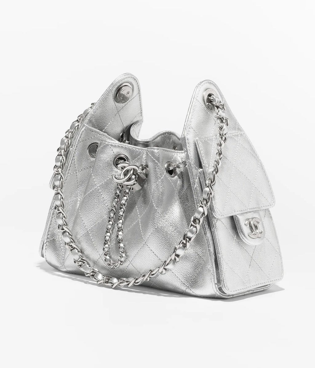 Chanel 25 Mini HandBag Metallic Grained Calfskin & Silver-Tone Metal  Silvery