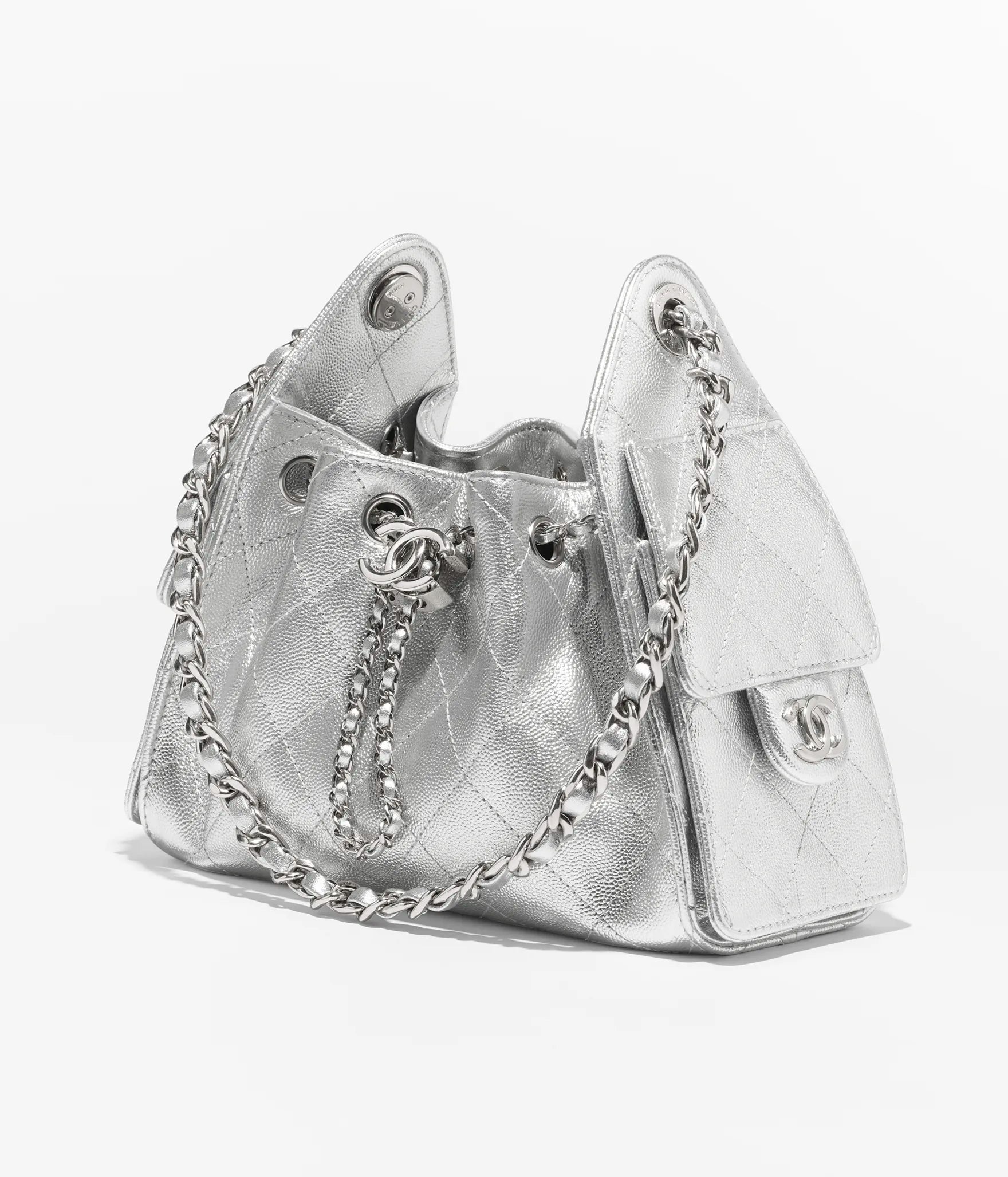Chanel 25 Mini HandBag Metallic Grained Calfskin & Silver-Tone Metal  Silvery