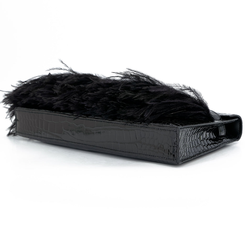 Hermès Kelly Elan Folie Noir Shiny Porosus Crocodile Ostrich Feather GHW