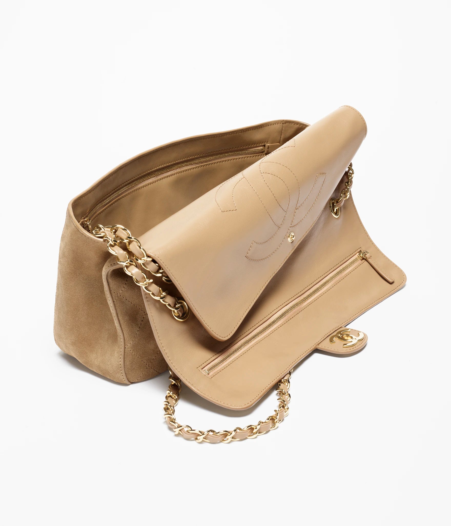 Chanel Maxi Flapbag Suede Calfskin & Gold Metal Dark Beige
