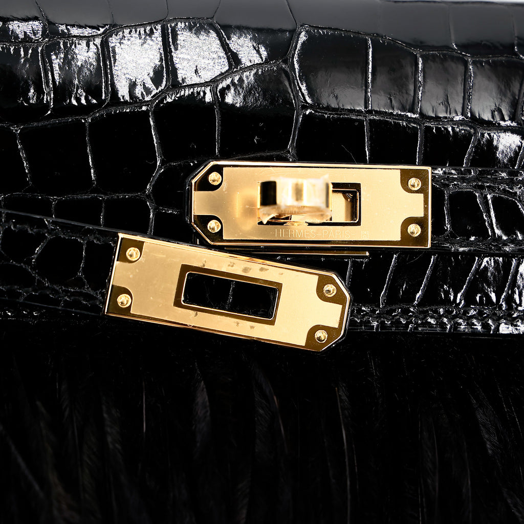 Hermès Kelly Elan Folie Noir Shiny Porosus Crocodile Ostrich Feather GHW