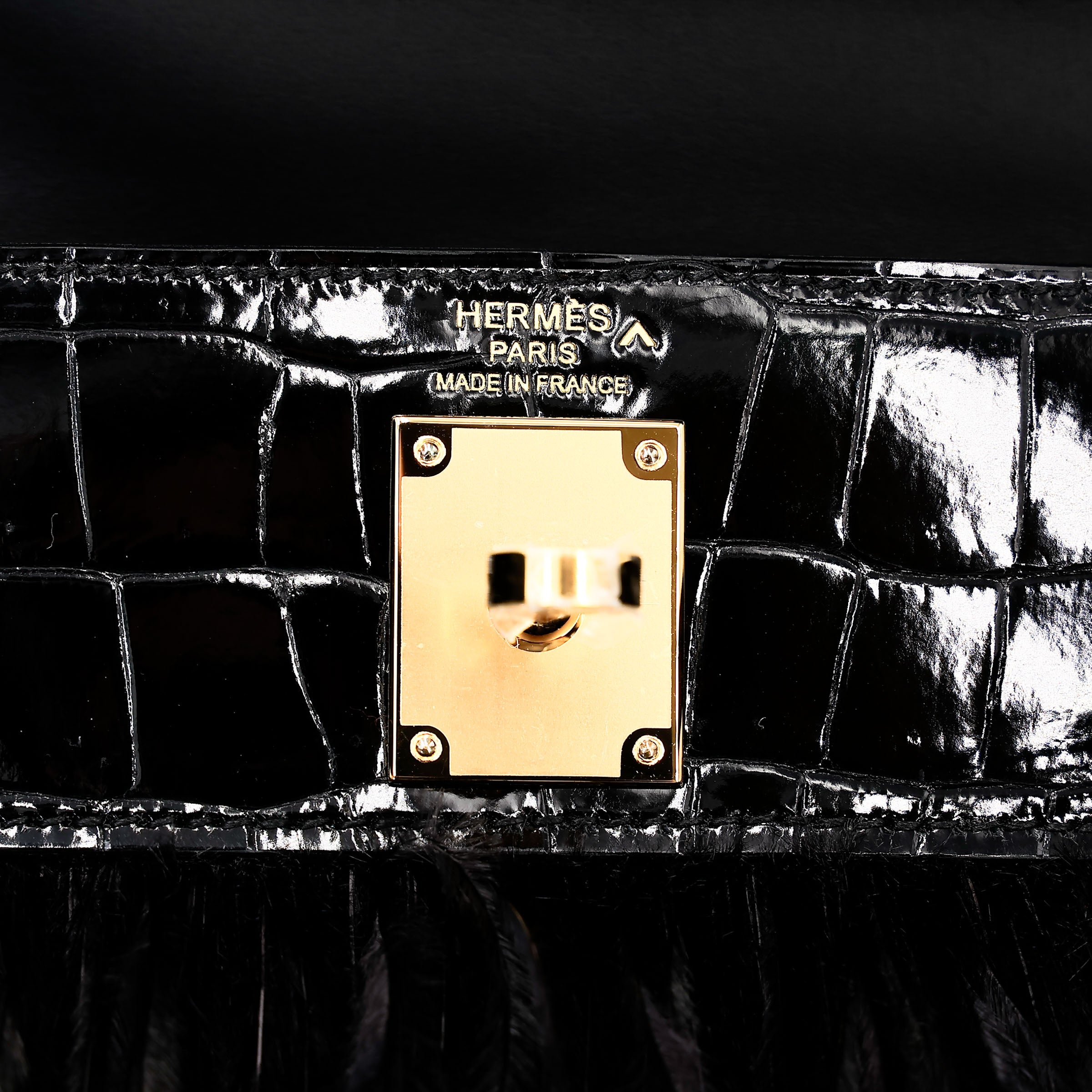 Hermès Kelly Elan Folie Noir Shiny Porosus Crocodile Ostrich Feather GHW