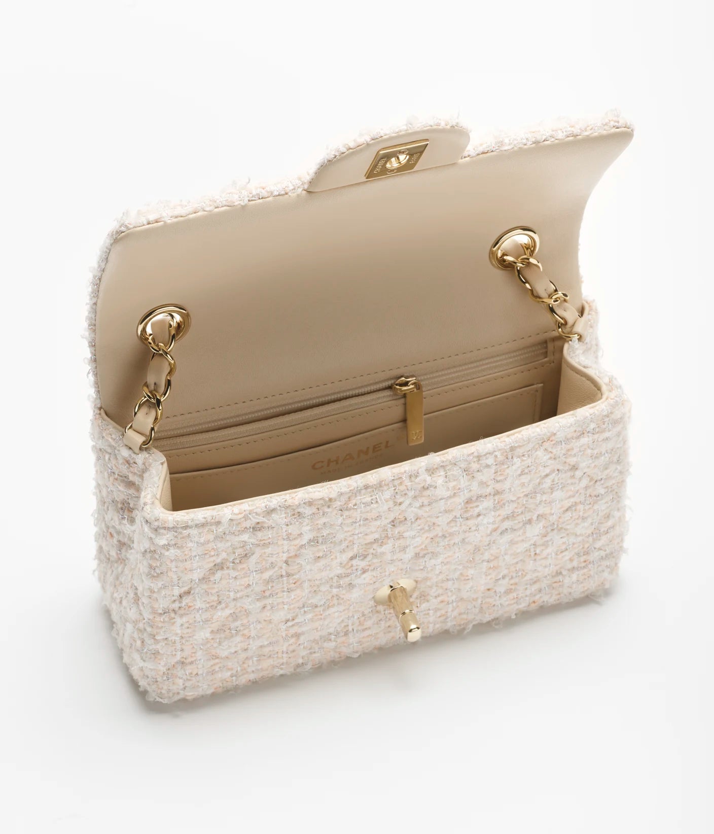 Chanel Classic Mini Bag Tweed & Gold metal Beige & White