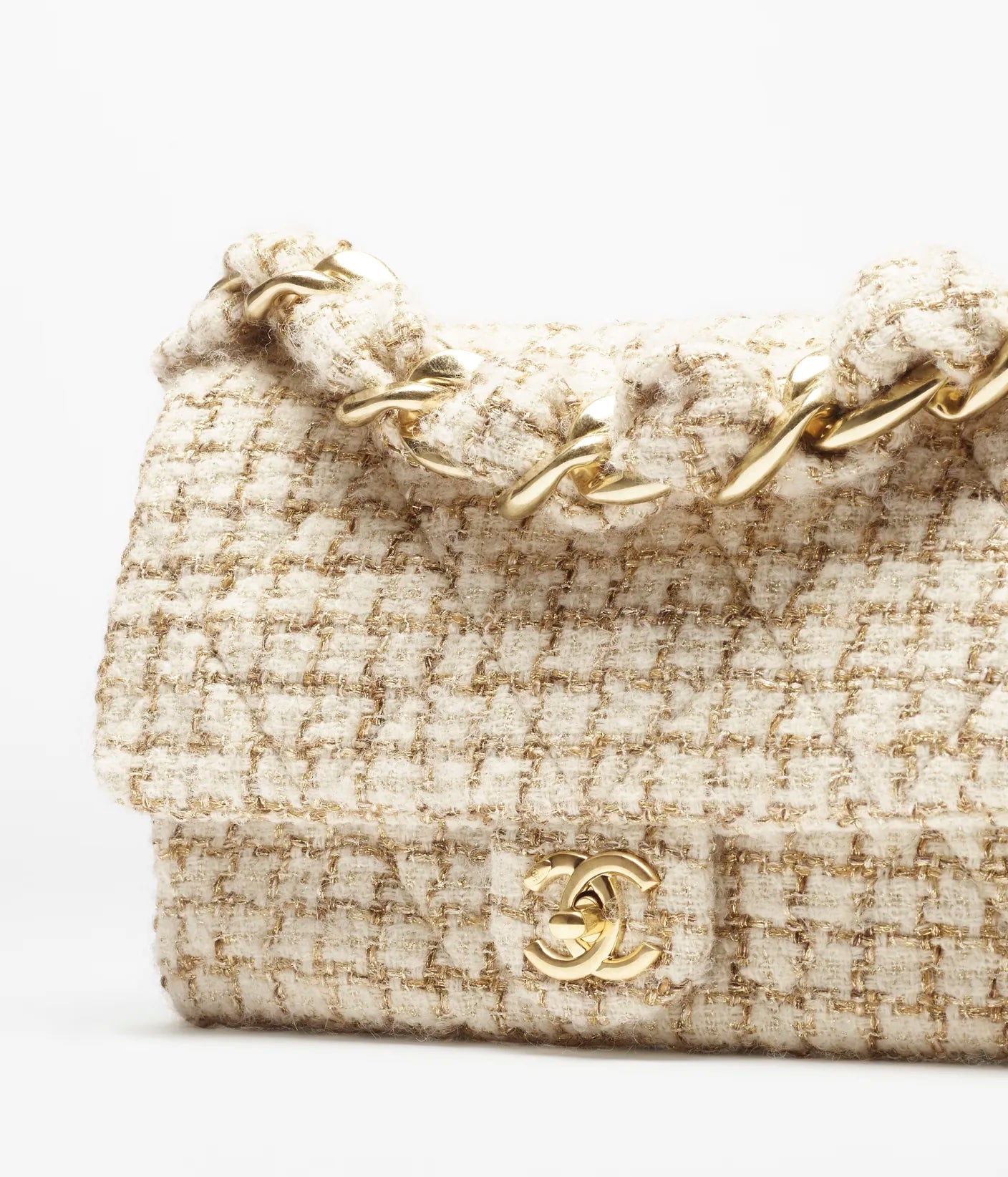 Chanel Large Flap Bag Tweed & Gold Metal Ecru Beige & Gold