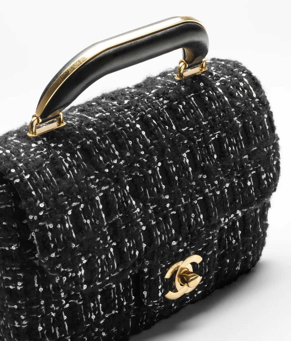 Chanel Mini flap Bag With Handle Cashmere Tweed & Gold Metal Black & White