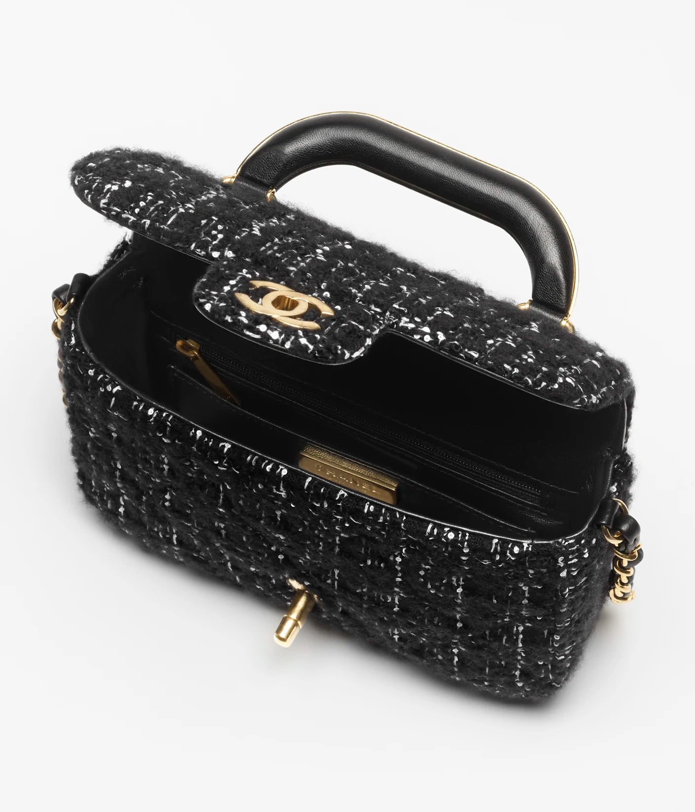 Chanel Mini flap Bag With Handle Cashmere Tweed & Gold Metal Black & White