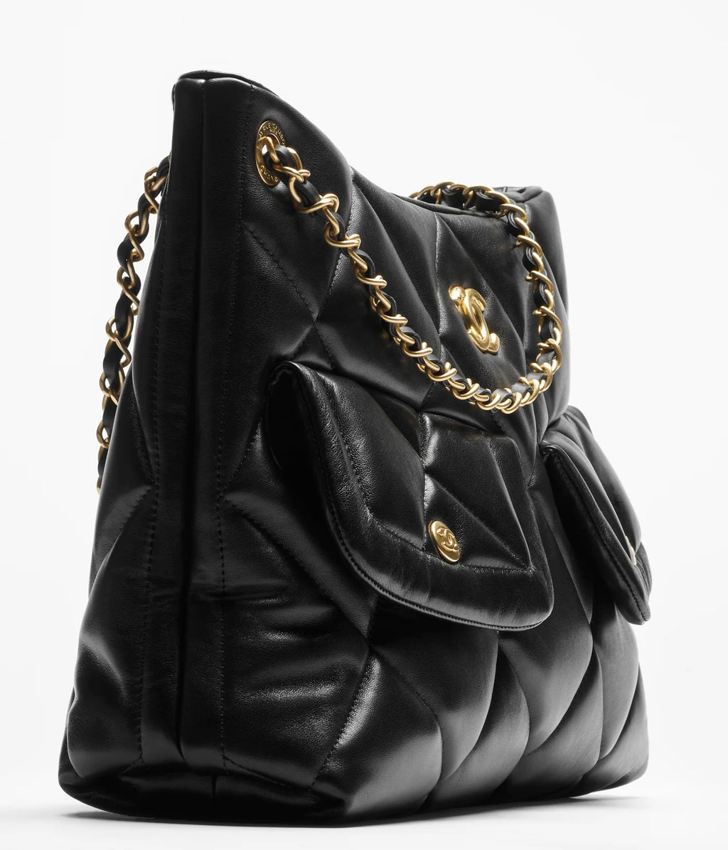 Chanel Shopping Bag Shiny Lambskin Black Gold Tone Metal