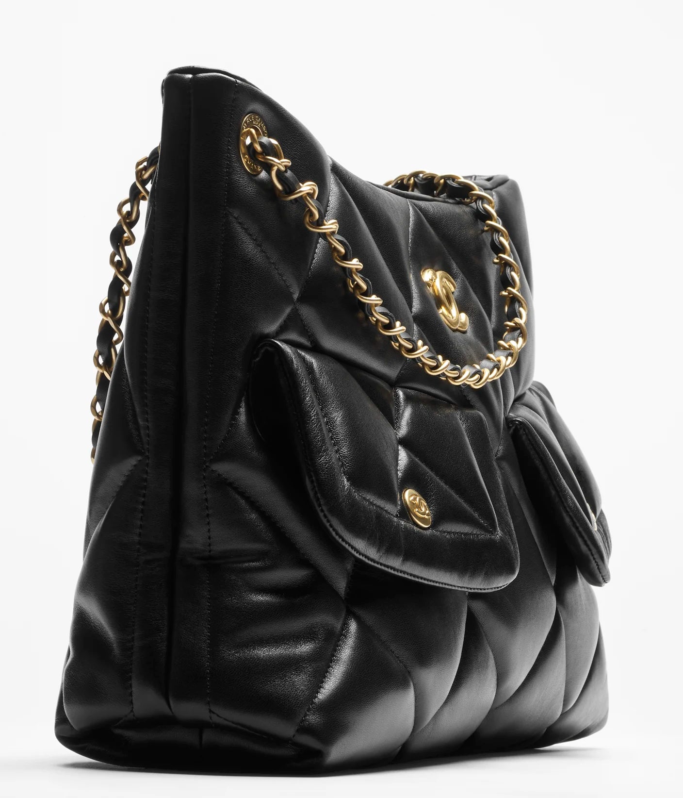 Chanel Shopping Bag Shiny Lambskin Black Gold Tone Metal
