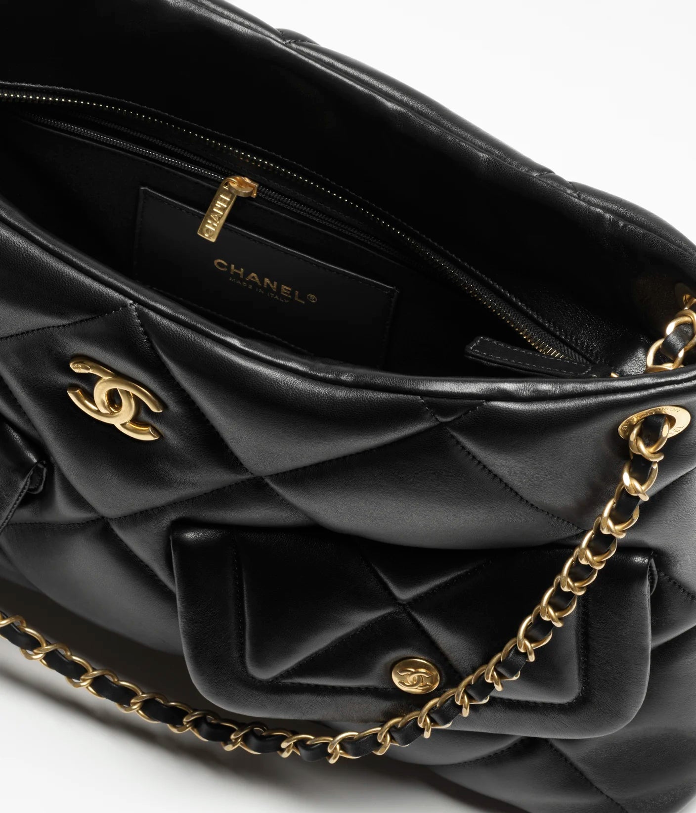 Chanel Shopping Bag Shiny Lambskin Black Gold Tone Metal