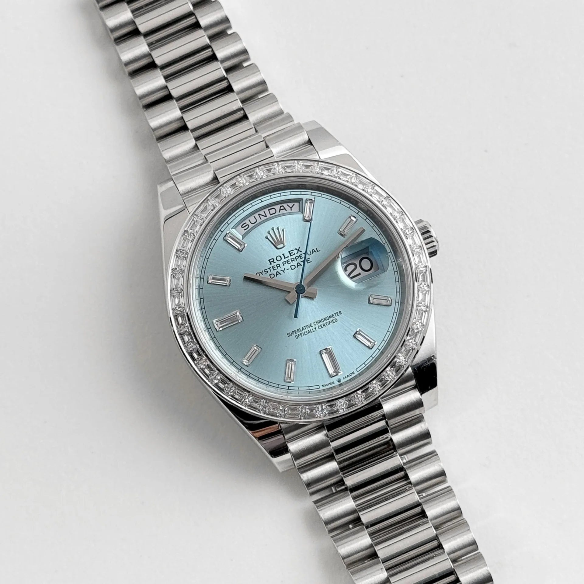 Rolex Day-Date 40 228396TBR Platinum Ice Blue Dial Baguette Bezel