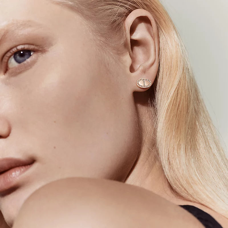 Hermès Contour Anchor Chain Stud Earrings Rose Gold Diamonds