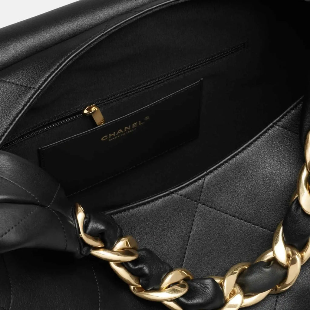 Chanel Maxi Hobo Bag Shiny Calfskin Gold Tone Metal - Black