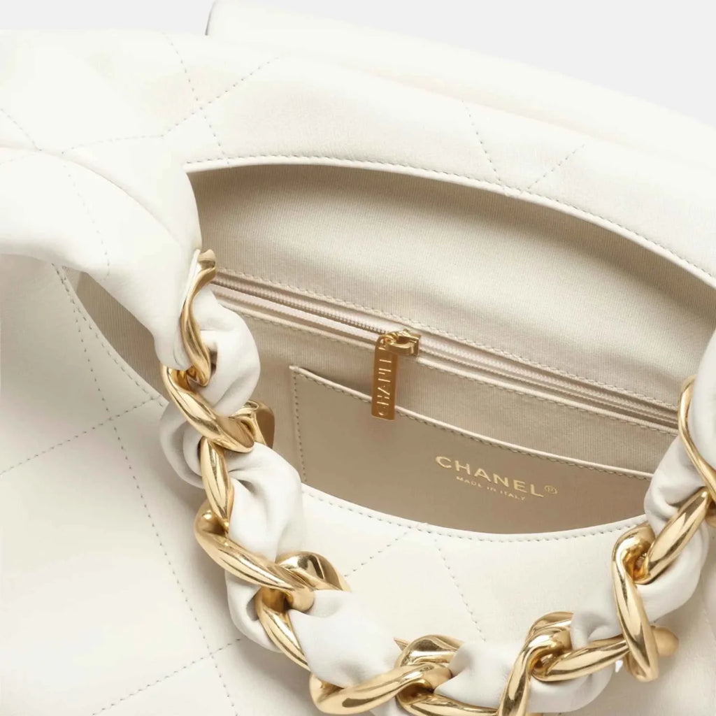 Maxi Hobo Bag Shiny Calfskin Gold Tone Metal - White