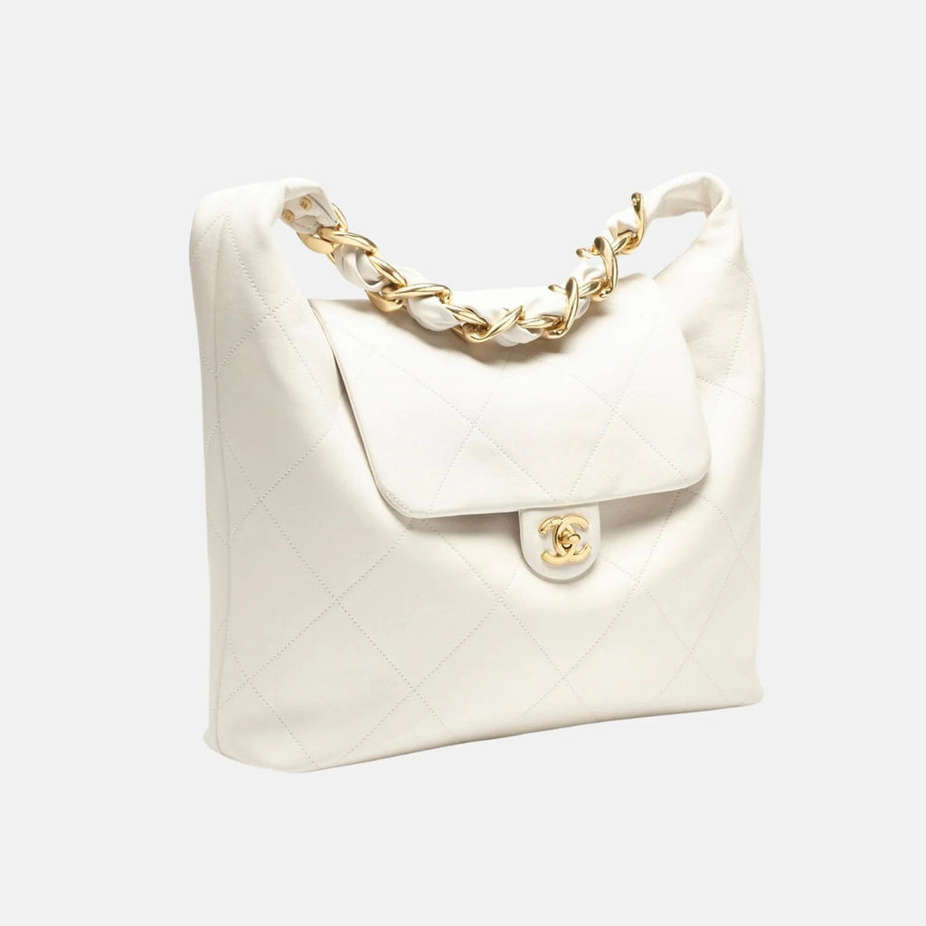 Chanel Maxi Hobo Bag Shiny Calfskin Gold Tone Metal, Front