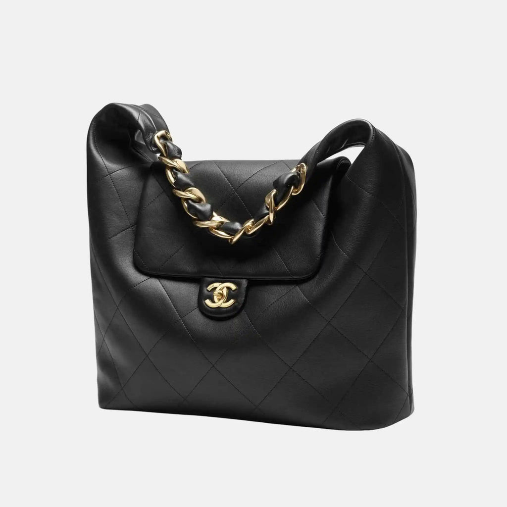 Chanel Maxi Hobo Bag Shiny Calfskin Gold Tone Metal, Front
