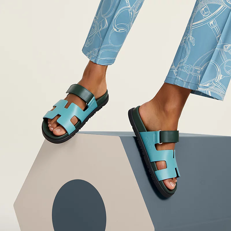Hermès Chypre Sandals Bleu Citadin / Vert Bouteille