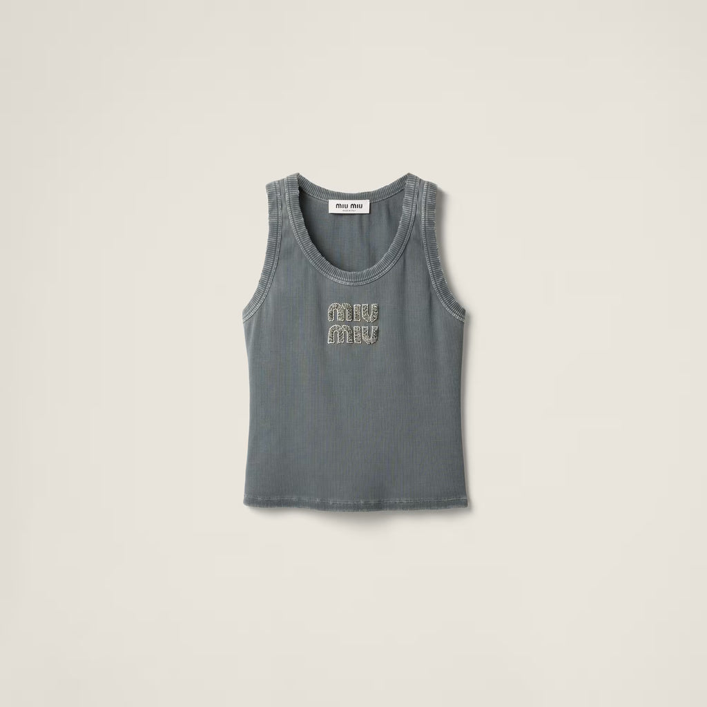 Miu Miu Embroidered ribbed knit jersey top