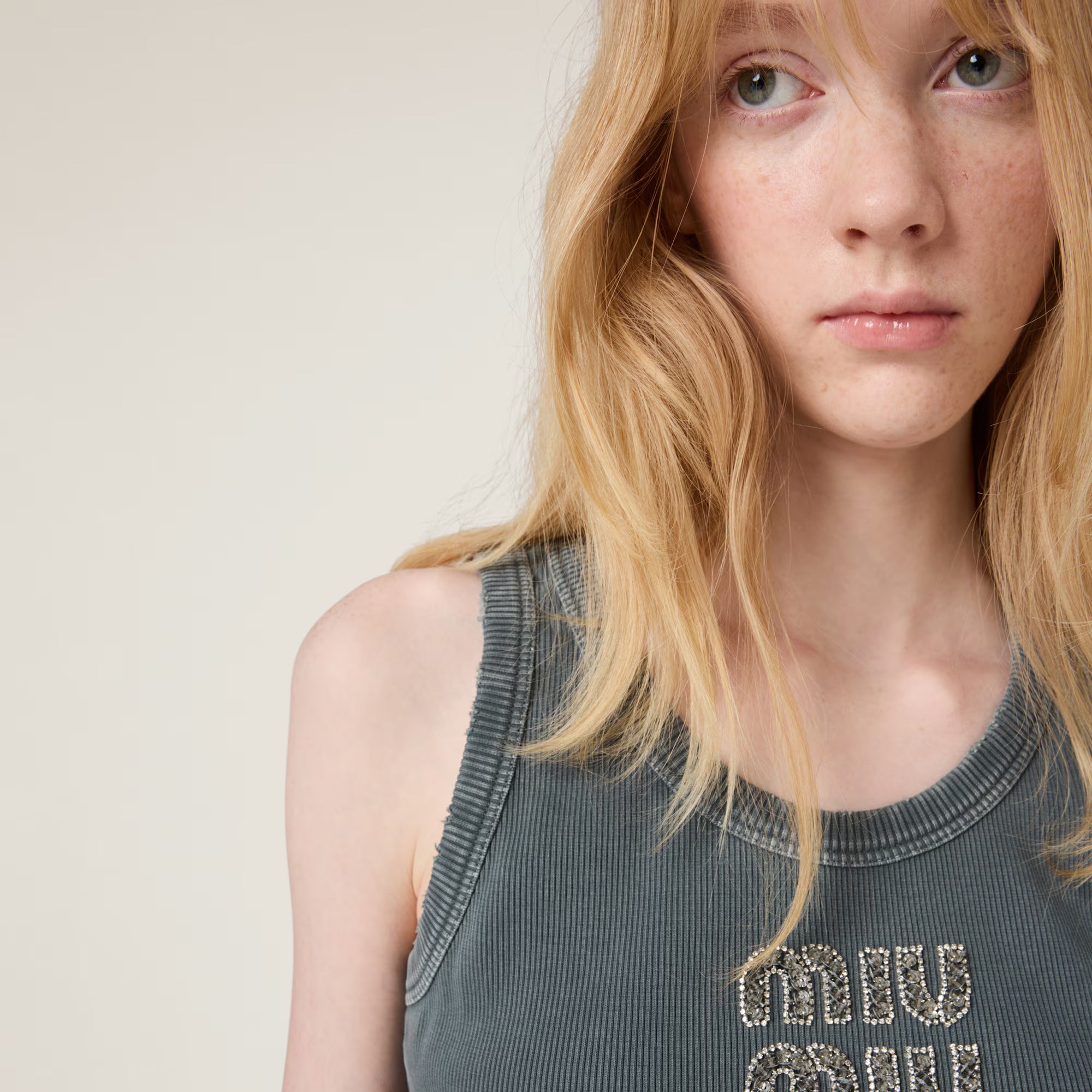 Miu Miu Embroidered ribbed knit jersey top