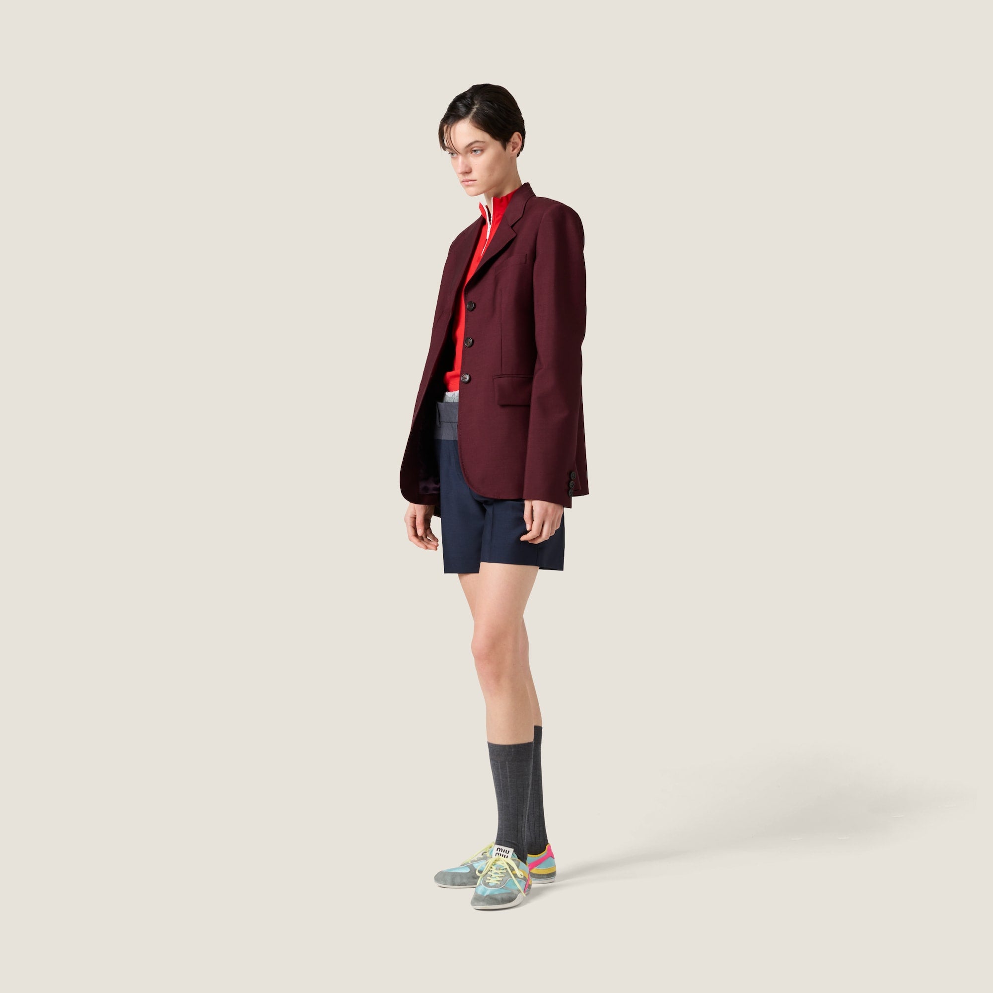 Miu Miu Single-breasted kid mohair jacket Amaranth Red/Maize Yellow