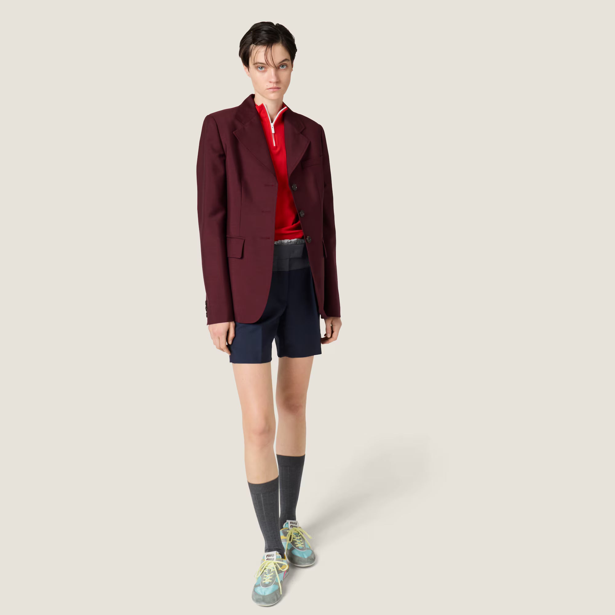 Miu Miu Single-breasted kid mohair jacket Amaranth Red/Maize Yellow