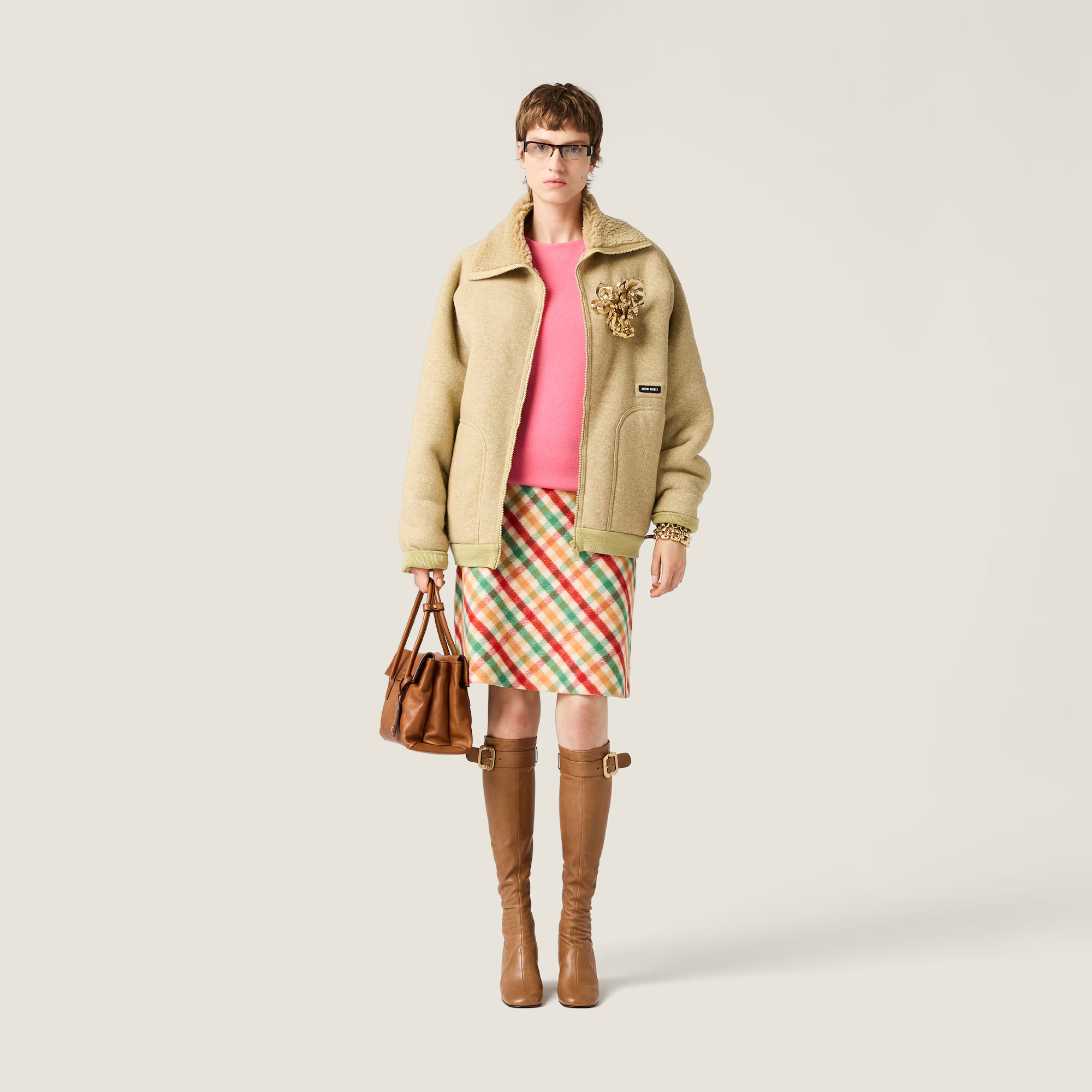 Miu Miu Cotton fleece zipper blouson jacket Soy Green