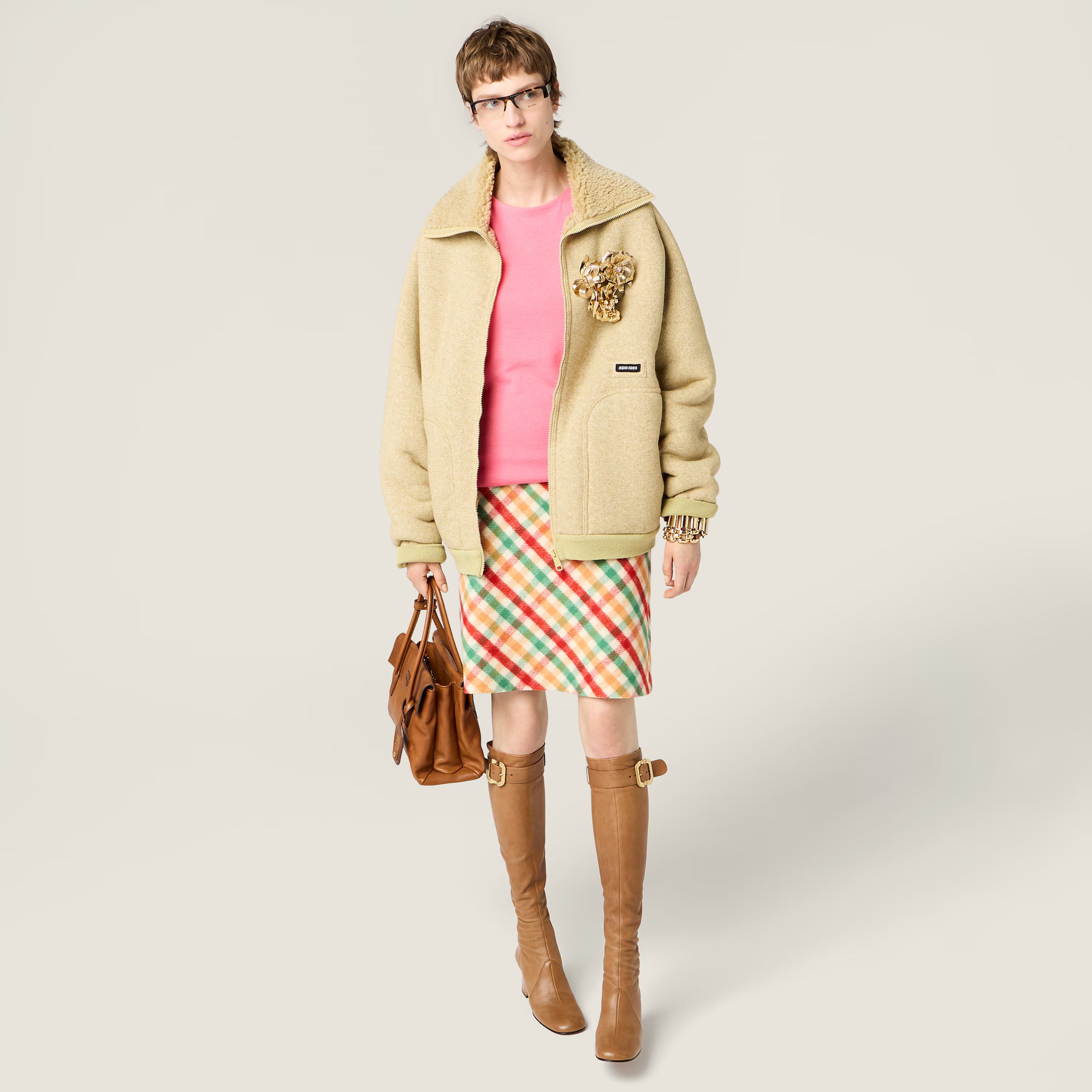 Miu Miu Cotton fleece zipper blouson jacket Soy Green