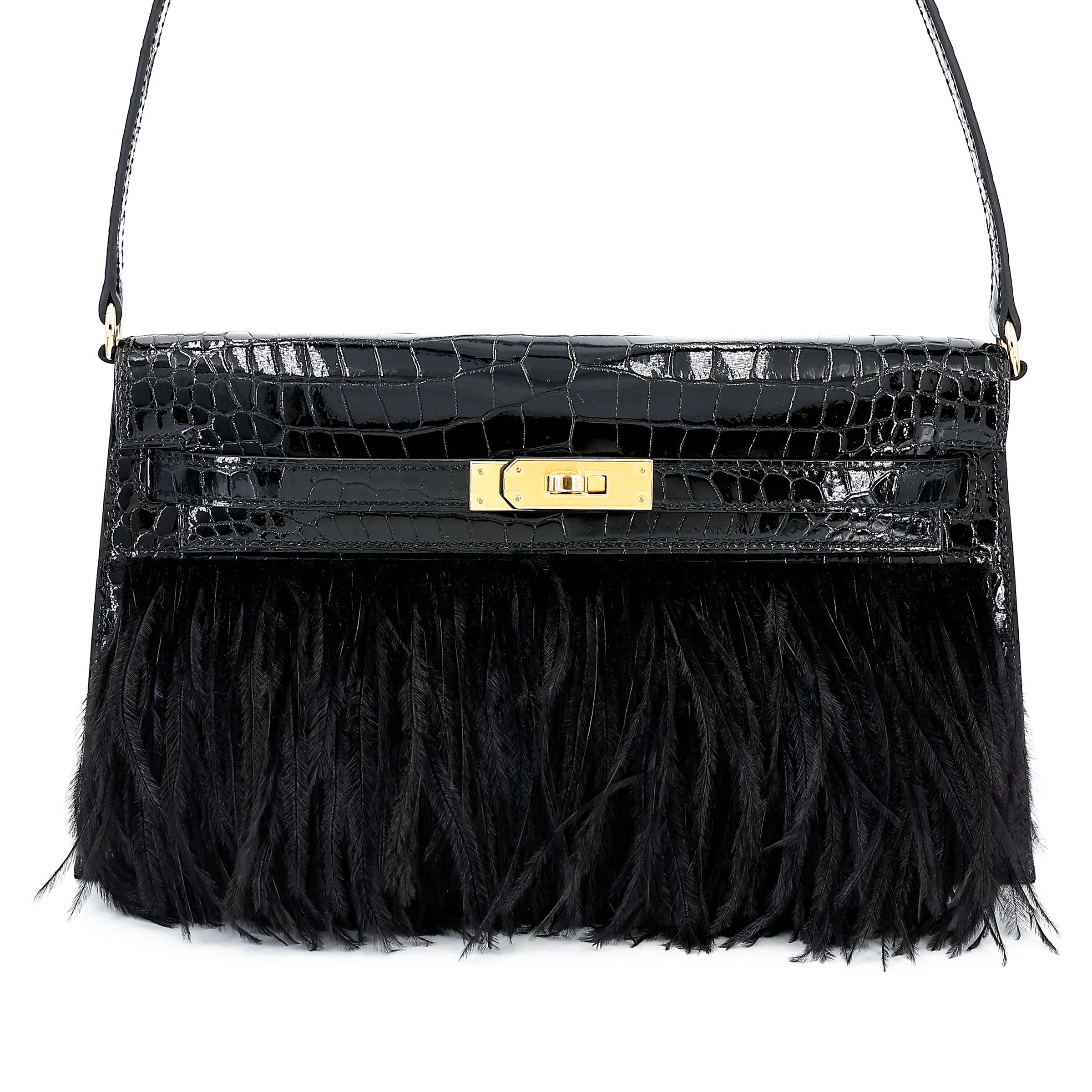 Hermès Kelly Elan Folie Noir Shiny Porosus Crocodile Ostrich Feather GHW