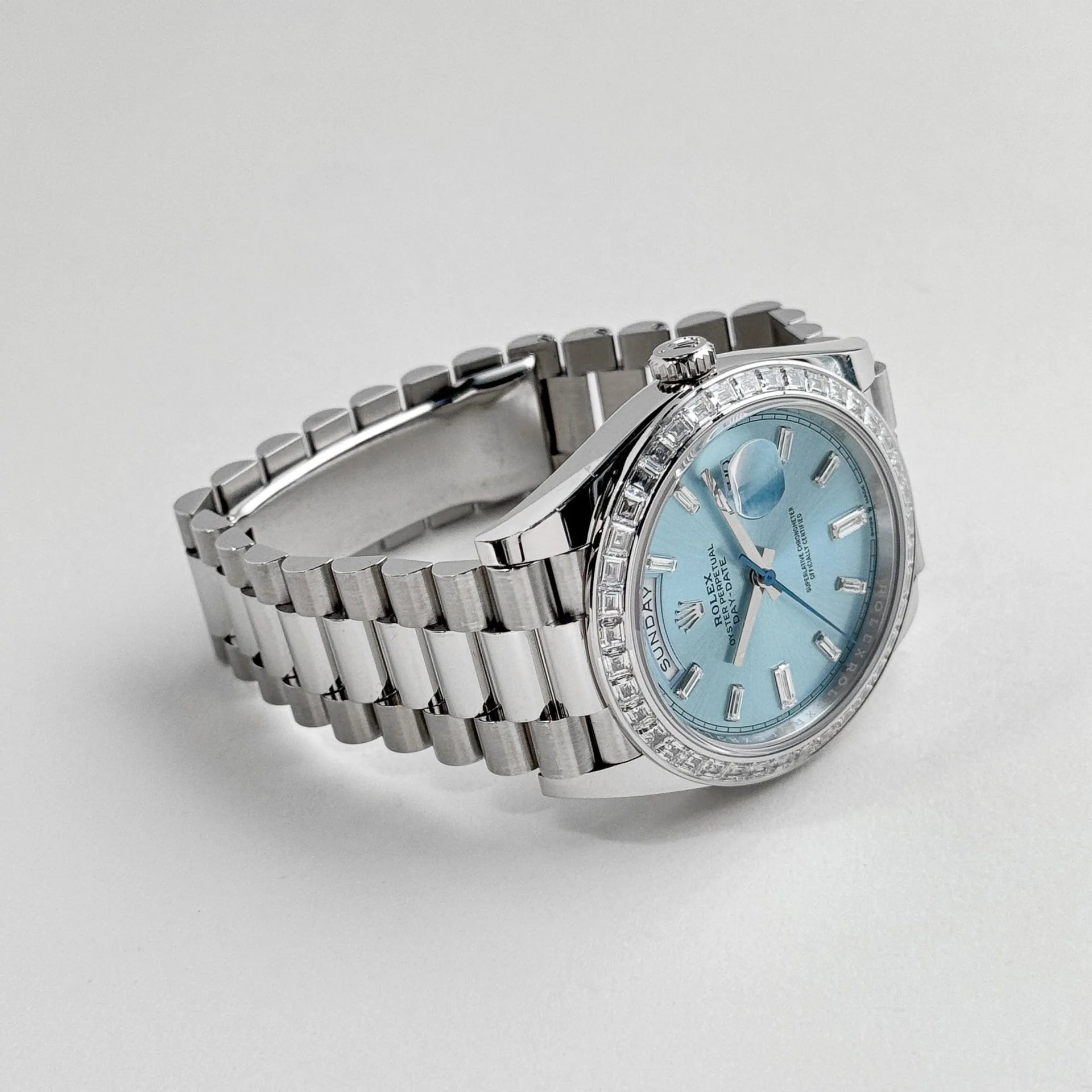 Rolex Day-Date 40 228396TBR Platinum Ice Blue Dial Baguette Bezel