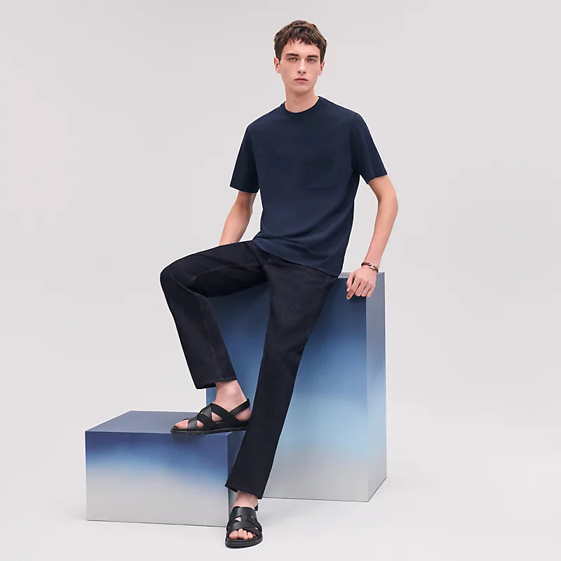 Hermès Mens "H" embroidered T-shirt Marine