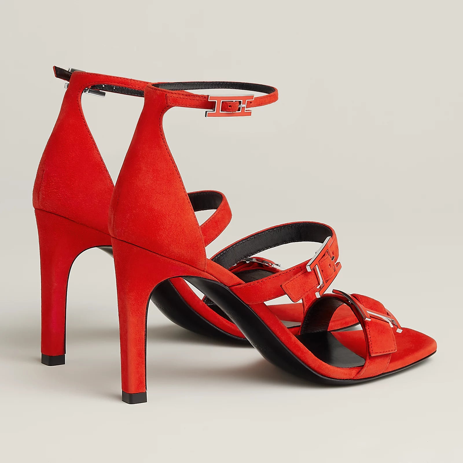 Hermès Liv 90 High Heel Sandal in Suede Goatskin - Rouge Grenadine