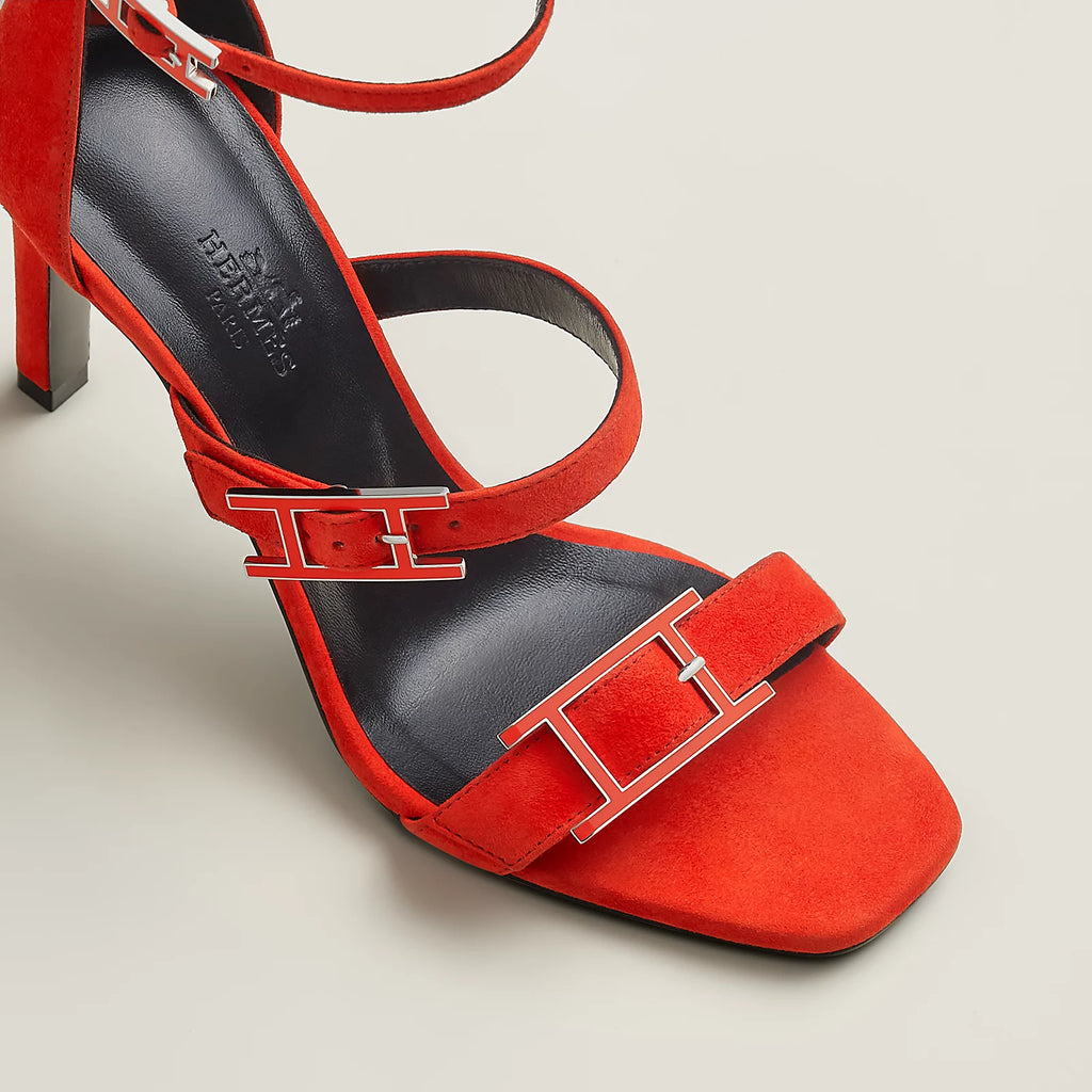 Hermès Liv 90 High Heel Sandal in Suede Goatskin - Rouge Grenadine
