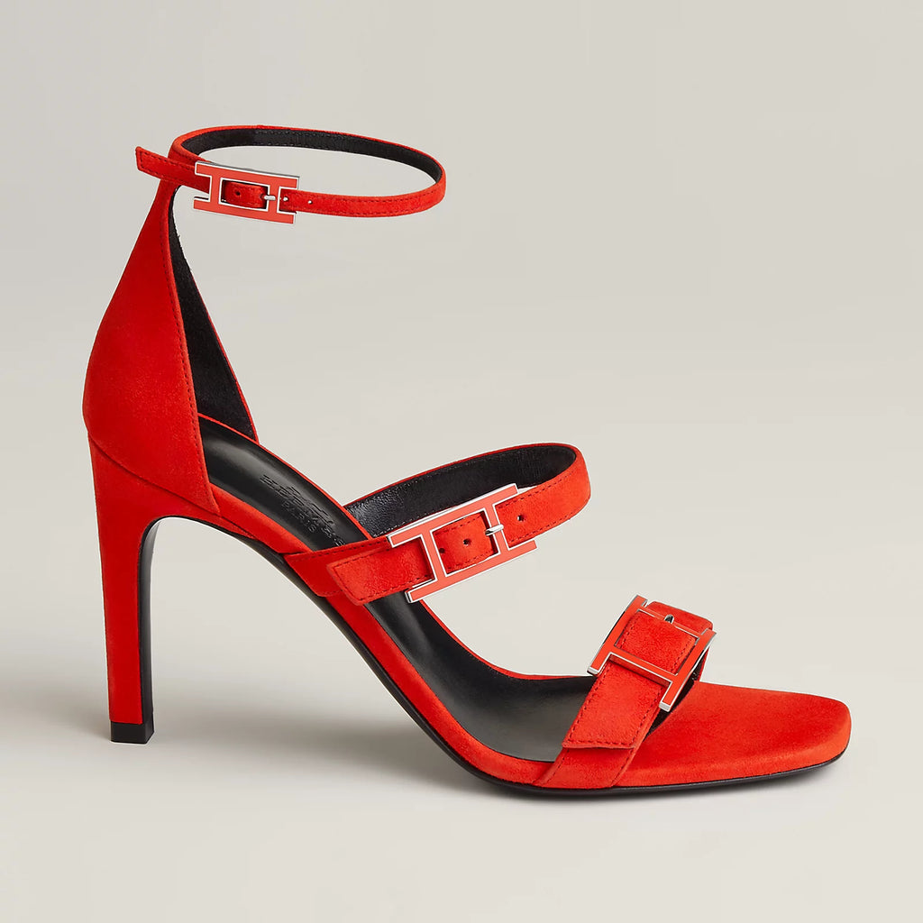 Hermès Liv 90 High Heel Sandal in Suede Goatskin - Rouge Grenadine