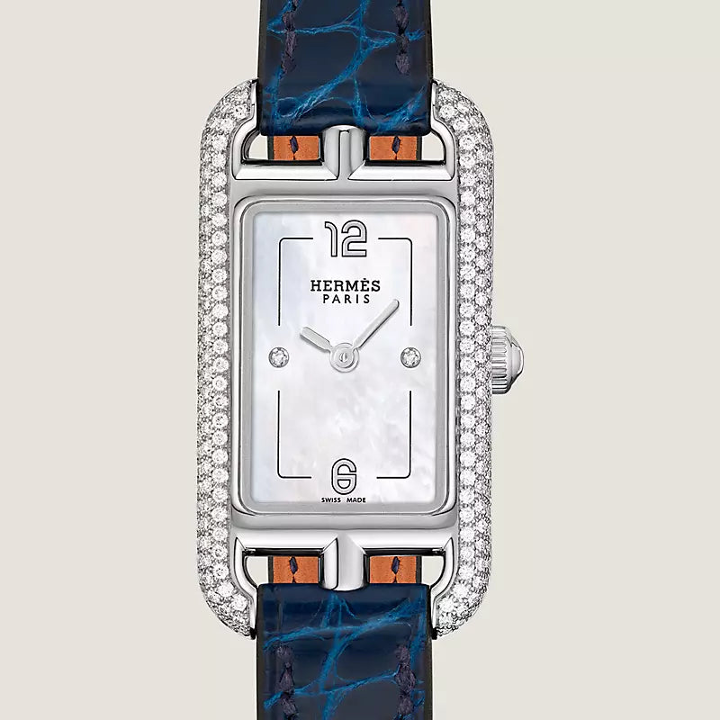 Hermès Nantucket 29 mm Watch In Sapphire Blue Alligator Strap