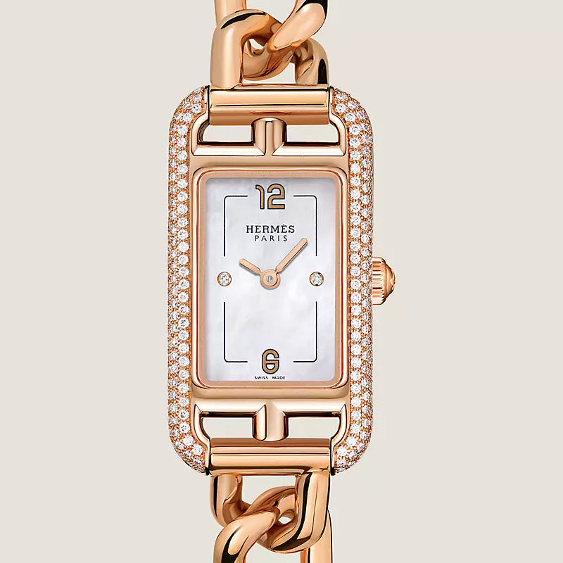 Hermès Nantucket Rose Gold 29 mm Watch With Jeweled Setting
