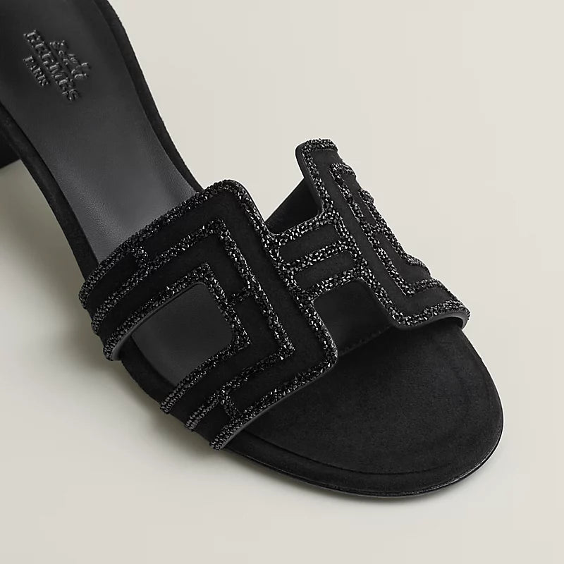 Hermès Oasis Sandals Suede Arcane Rhinestone - Black