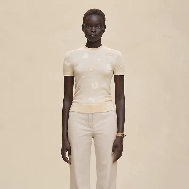 Hermès Pull maniche corte motivo “Candy Libris” Blanc Cygne