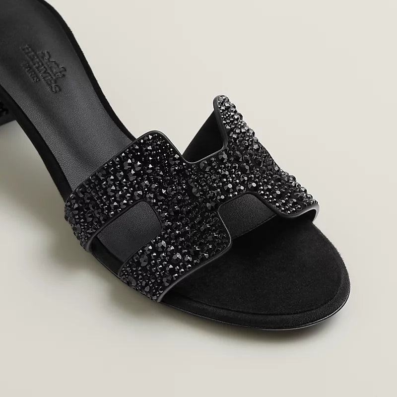 Hermès Oasis Sandals Black With Rhinestones Noir
