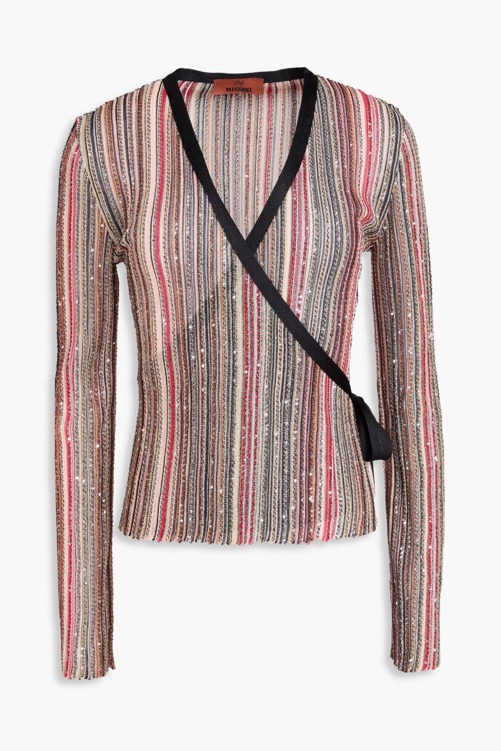 Missoni Sequin Embellished Striped Ribbed Knit Wrap Cardigan 