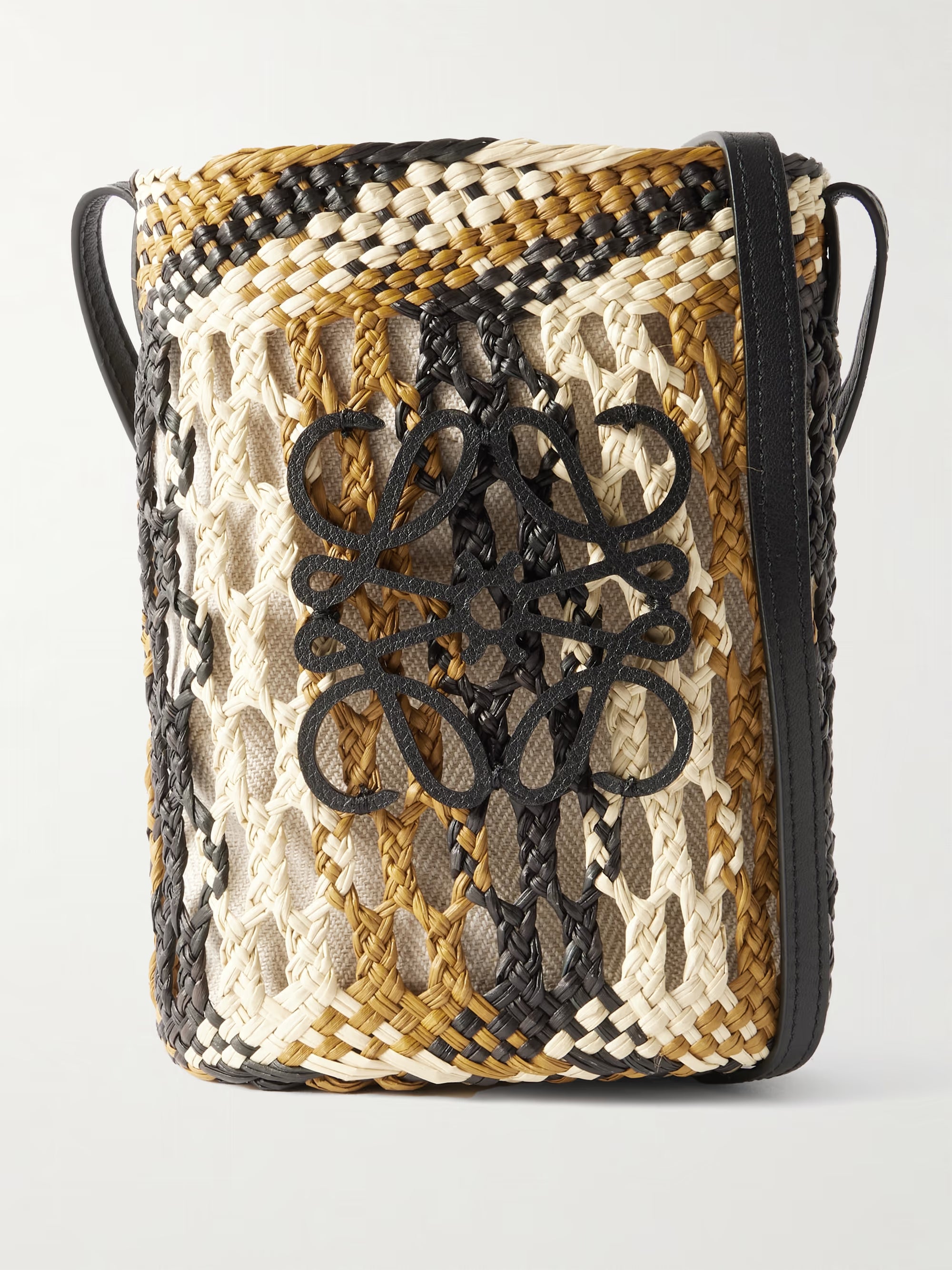 Loewe Paula's Ibiza Leather-Trimmed Striped Raffia Bucket Bag