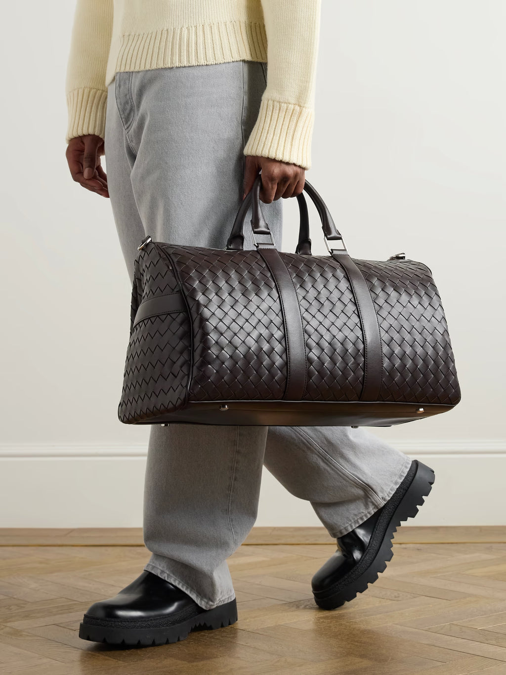 Bottega Veneta Intrecciato Leather Weekend Bag Brown