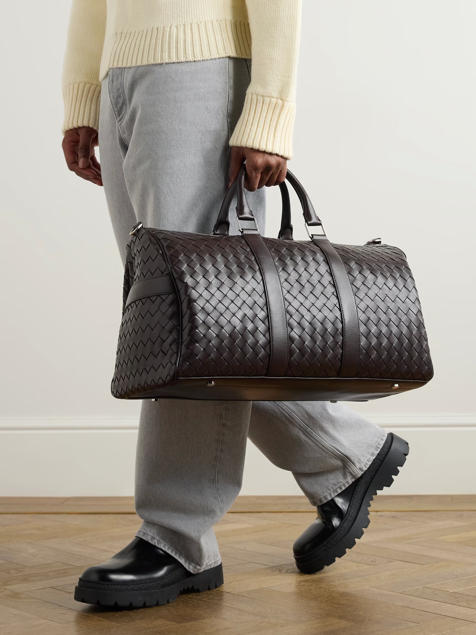 Bottega Veneta Intrecciato Leather Weekend Bag Brown